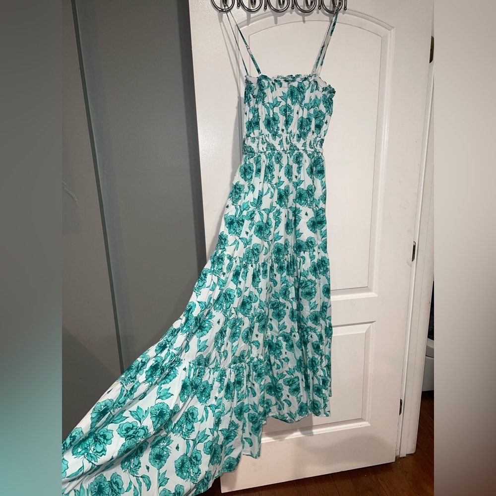 CELINA MOON Teal Floral Smocked Bodice Tiered Maxi Dress - Picture 8 of 11